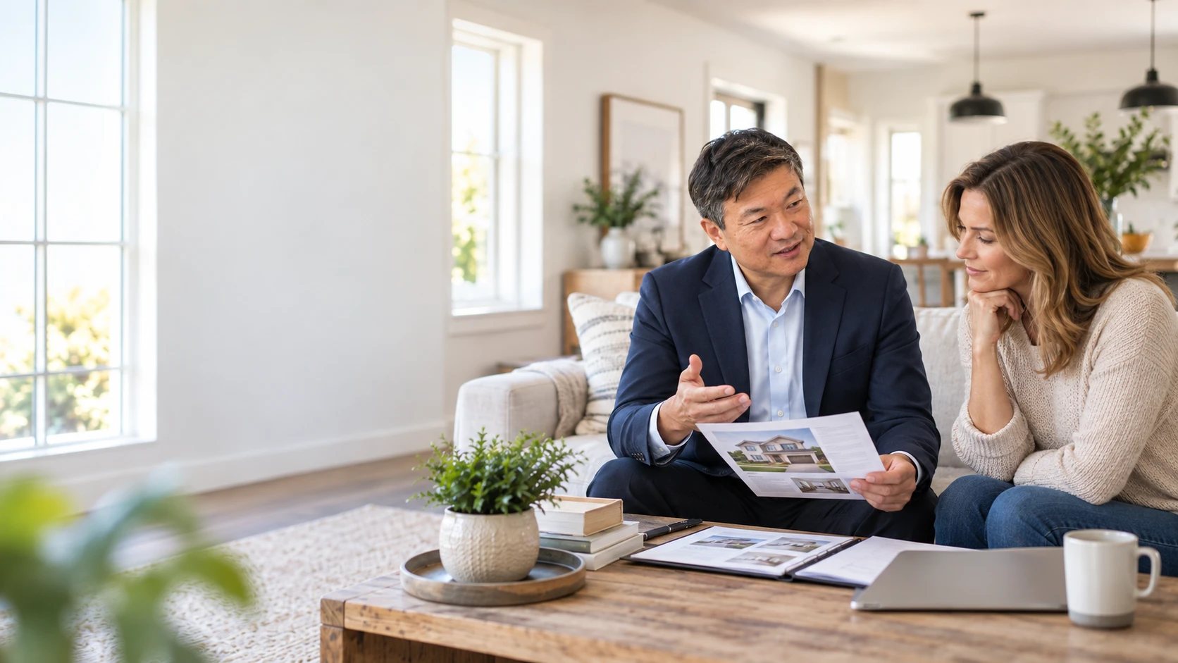 Bill Yang reviewing a home evaluation with a homeowner